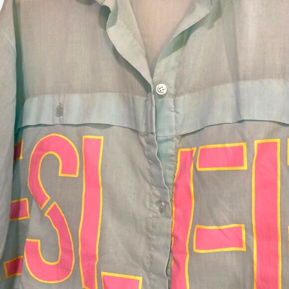 Vintage 80s ESleep Blue Pink Intimates Button Down Night Sleep Shirt Size Medium - Picture 12 of 16
